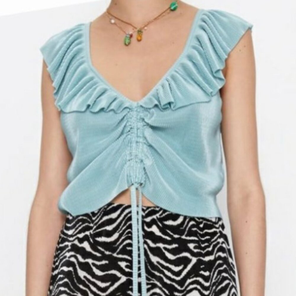 Zara | Turquoise Pleated Plisse Top with Ruffles